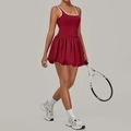 Red backless tennis dress with white contrast trim and pleated bubble skirt design - S / Burgundy