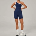Body de yoga bleu marine à une épaule avec passepoil blanc contrasté et coupe moulante - Bleu Minuit