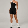 Tuta da yoga nera monospalla con linee a contrasto bianche e design sportivo attillato - S / Nero