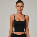 Women's black yoga crop top with white side piping and adjustable spaghetti straps - S / Black