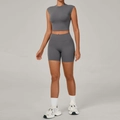 Gray high-neck crop top and high-waisted seamless biker shorts two-piece yoga set - Dark Gray