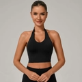 Black halter neck sports bra with high-elastic fabric for yoga and fitness training - S / Black
