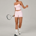 Pink yoga sports set with crop top and high waist shorts for fitness and tennis - Sakura Pink