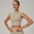 Slim fit beige khaki quick dry ribbed cropped yoga top for women gym and fitness - S / Flaxen
