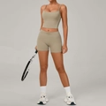 Women's two-piece sage green yoga set with sports crop top and high waist shorts - Flaxen