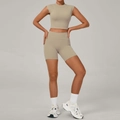 Women's khaki yoga set with round neck crop top and high-waisted gym shorts - Flaxen