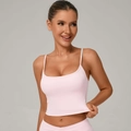 Pink yoga tank top with double straps and white decorative side stitching for women - Sakura Pink