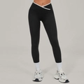 Zwarte yoga legging met hoge taille, gekruiste V-vormige taille en witte contrast bies - S / Zwart