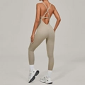 Women's backless yoga unitard with adjustable straps in khaki brown color - Flaxen