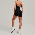 Ärmelloser schwarzer rückenfreier Yoga-Body mit verstellbaren Trägern und Shorts - S / Schwarz