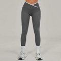 Dark grey high-waisted yoga leggings with white crossover V-waist design for fitness - Dark Gray