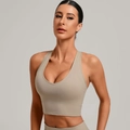 Canotta sportiva da donna kaki con scollo a V profondo e fascia larga di supporto - S / Lino