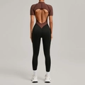 Women's two-tone fitness jumpsuit with back cutout in brown and black colorway - Coffee
