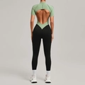 Sage green and black backless yoga bodysuit for women with short sleeves and cut-out design - Bean Green