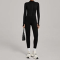 Slim fit black long sleeve thermal yoga jumpsuit with half-zipper and thumb holes - S / Black