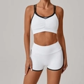 Ensemble de yoga deux pièces blanc avec bordure noire, brassière et short taille haute - S / Blanc