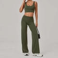 Armeegrünes Yoga-Set mit Sport-BH und hoch taillierter Hose mit weitem Bein für Damen - XS / Olivgrün