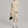 Beige fleece-lined yoga jumpsuit with half-zip stand collar and thumbhole long sleeves - S / Beige Apricot