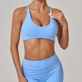 Light blue seamless yoga set with racerback sports bra and high waisted leggings - Navy Blue
