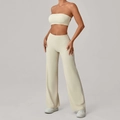 Completo yoga crema da donna con top a fascia senza spalline e pantaloni sportivi a gamba larga - XS / Albicocca Crema
