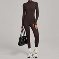 Deep brown long sleeve fleece yoga jumpsuit with stand collar and thumb holes - S / Deep Brown