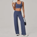 Damen Yoga-Set in Nebelblau mit Doppelträger-Sport-BH und langer Hose mit weitem Bein - XS / Granitblau