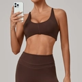 Deep brown twist sports bra and matching leggings set with racerback design - Coffee Brown