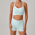 Ensemble de yoga bleu clair deux pièces avec brassière et short à bordures blanches - S / Bleu Glace