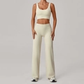 Damen Yoga-Set in Cremeweiß mit U-Ausschnitt Sport-BH und High-Waist-Hose mit weitem Bein - XS / Cremefarbene Aprikose