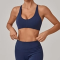 Dark blue high-waisted yoga set with racerback sports bra and leggings for gym workout - Midnight Blue