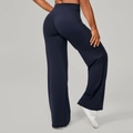 Pantalon de yoga bleu marine à jambe large avec taille haute et couture en V - Bleu Vert Foncé