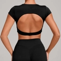 Back view of black open back yoga set with high waisted pants and short sleeve top - XS / Black