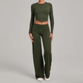 Women's forest green yoga set with long sleeve crop top and high waist wide leg pants - XS / Olive Green