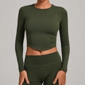 Nauwsluitende donker olijfgroene yoga top met lange mouwen en gebogen zoom stretch - XS / Olijfgroen