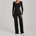 Two-piece black high-waisted yoga set with long sleeve top and wide leg pants - XS / Black