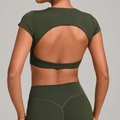 Dark green backless short sleeve yoga crop top and leggings set for gym workouts - XS / Olive Green