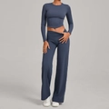 Gray-blue yoga set featuring a long sleeve crop top and high waist flared leggings - XS / Granite Blue