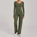 Slim fit V-neck long sleeve yoga set with high waist wide leg pants in dark olive green - XS / Olive Green