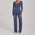 Mist blue seamless high waist yoga set with slim fit long sleeve top and wide leg pants - XS / Granite Blue