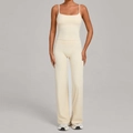 Completo yoga da donna 2 pezzi con canotta a spalline sottili e pantaloni a gamba larga color crema - XS / Albicocca Crema