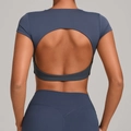 Slim fit dark grey-blue open back yoga short sleeve top and matching athletic leggings - XS / Granite Blue