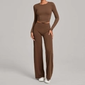 Ensemble de yoga marron foncé pour femme avec haut court ajusté et pantalon de sport large - XS / Brun Foncé