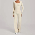 Slim fit cream long sleeve top and high waist wide leg yoga pants two-piece set - XS / Cream Apricot