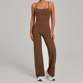 Chocolate brown two-piece yoga set featuring thin strap camisole and high waist wide leg pants - Dark Brown