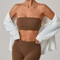 Set sportivo marrone scuro con reggiseno a fascia e leggings yoga a vita alta - Marrone scuro