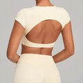 Creamy yellow backless short sleeve crop top and high waist yoga pants set - XS / Cream Apricot