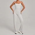 Light gray yoga set featuring slim fit tank top and high waist wide leg pants - Warm Stone Grey