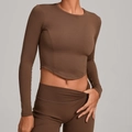 Women's tight-fit yoga set in chocolate brown with long sleeve top and high waist leggings - Dark Brown