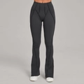 Charcoal grey high waisted flare yoga pants with decorative stitching and side slits - S / Charcoal Gray