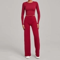 Ensemble de yoga bordeaux deux pièces avec haut à manches longues et pantalon large - XS / Rouge rubis